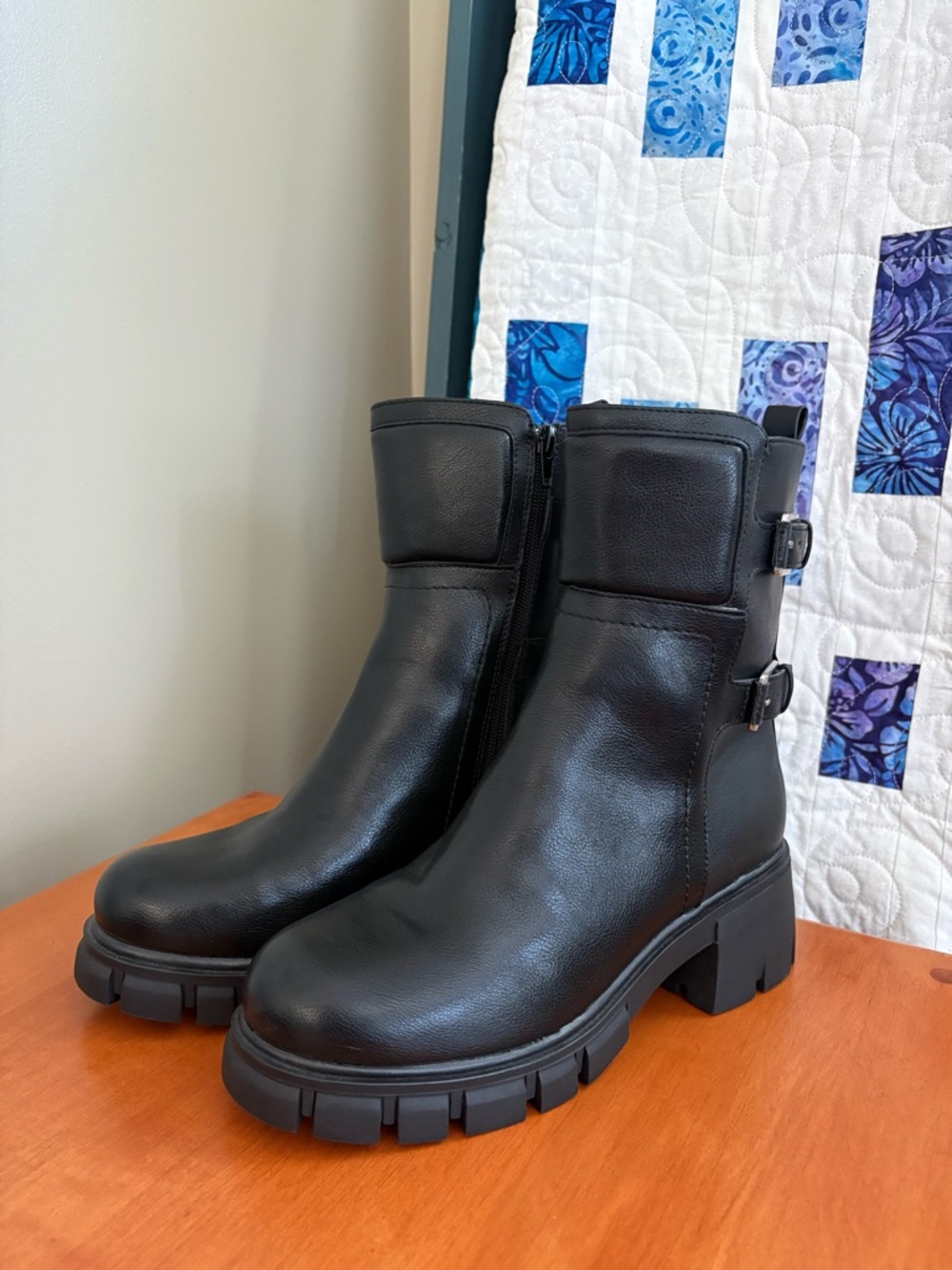 MIA Black Leather Lug-Sole Ankle Boots with Buckle Straps